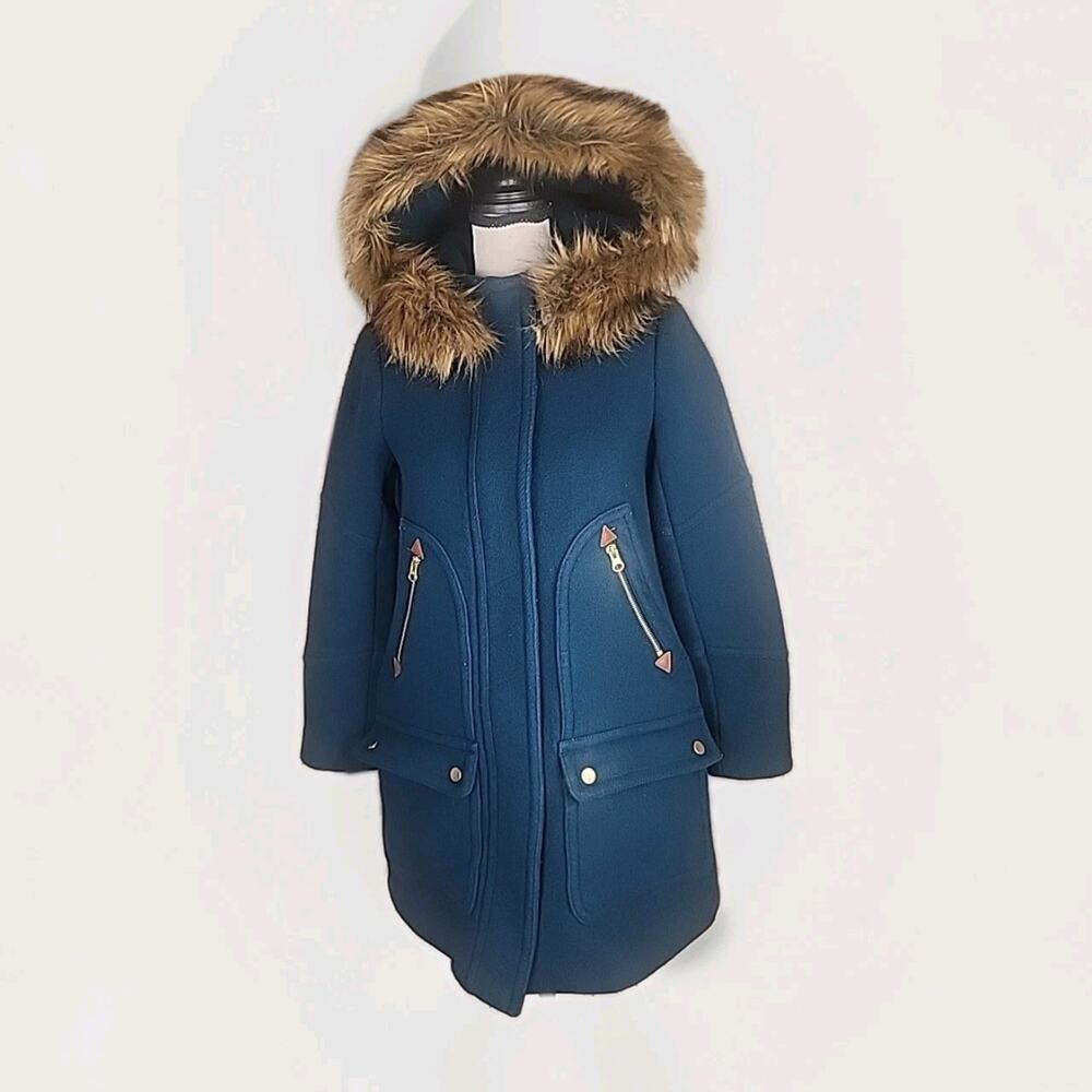 J. Crew Nello Gori Italian Stadium Cloth Wool Coat Womens 00 Green Faux Fur Hood
